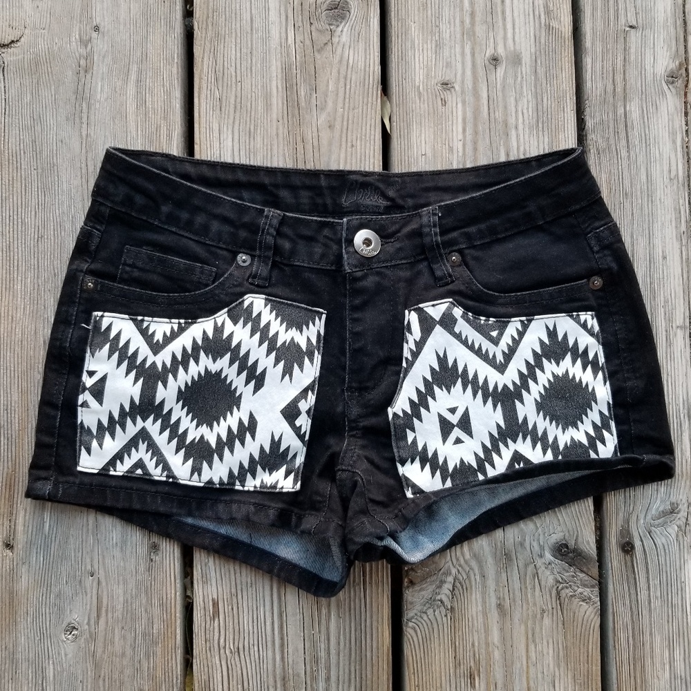 Black Tribal Print Jean Shorts